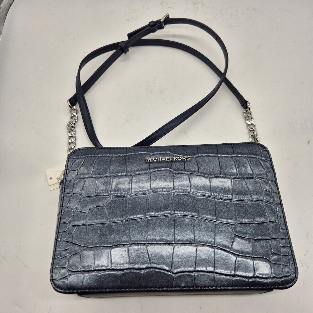 Michael Kors Crossbody Handbag Purse Jet Set Large Leather  Navy Metallic